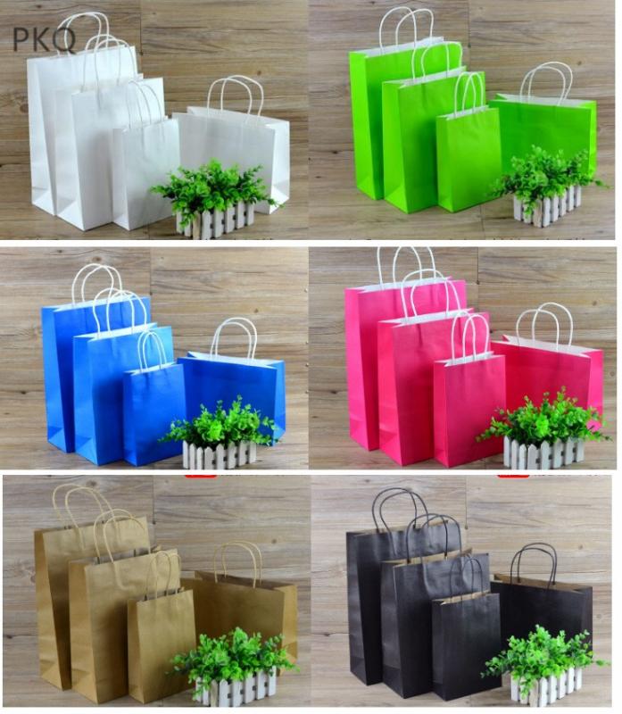 

20pcs/lot Environment Friendly Kraft Paper Bag paper Gift Bag With Handles large Recyclable Shop Store Packaging 8 Colors
