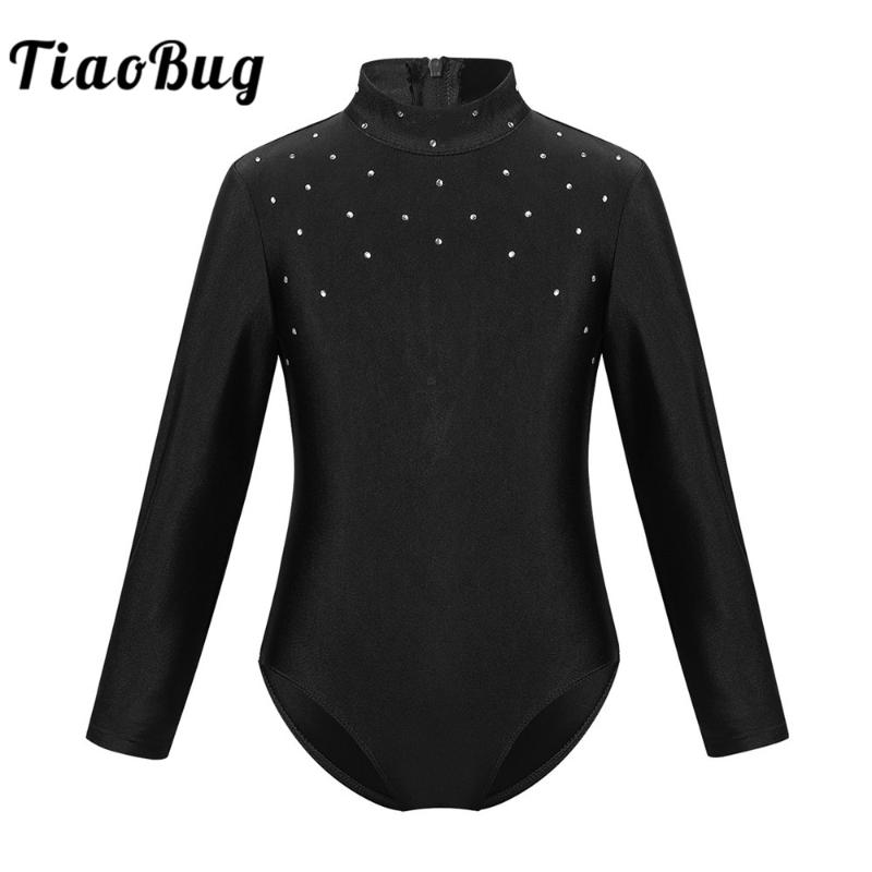 

TiaoBug Kids Long Sleeves Sparkly Rhinestone Gymnastics Leotard Figure Skating Dress Girls Ballet Dancewear Performance Costume, Black