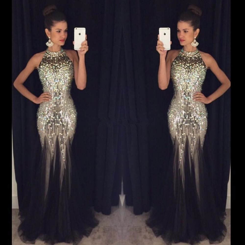 

Dazzling Mermaid Prom Dresses 2019 Halter Neck Backless Crystal Black Sexy Tulle Mermaid Evening Gowns Party Dress vestido de festa N25, Silver