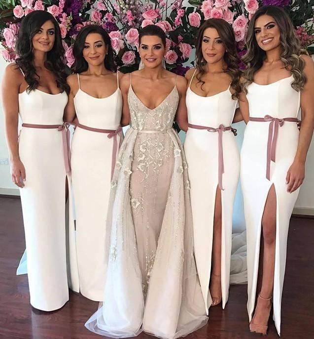 

Elegant 2020 Sheath Bridesmaid Dresses Belt Sexy Spaghetti Straps Arabic Maid of Honor Gowns High Split Wedding Guest Party Dress