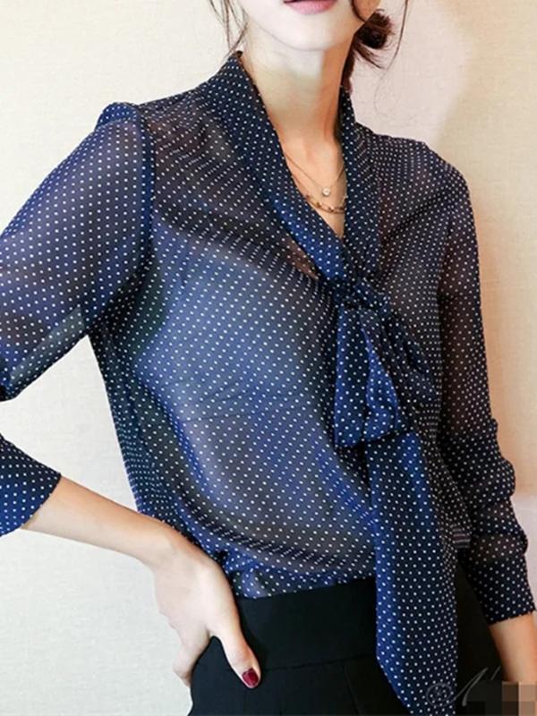 

Spring Autumn Women lace-up collar shirt Polka Dot soft ladies office blouse female elegant Long Sleeve Shirts top Dark Blue, As pic