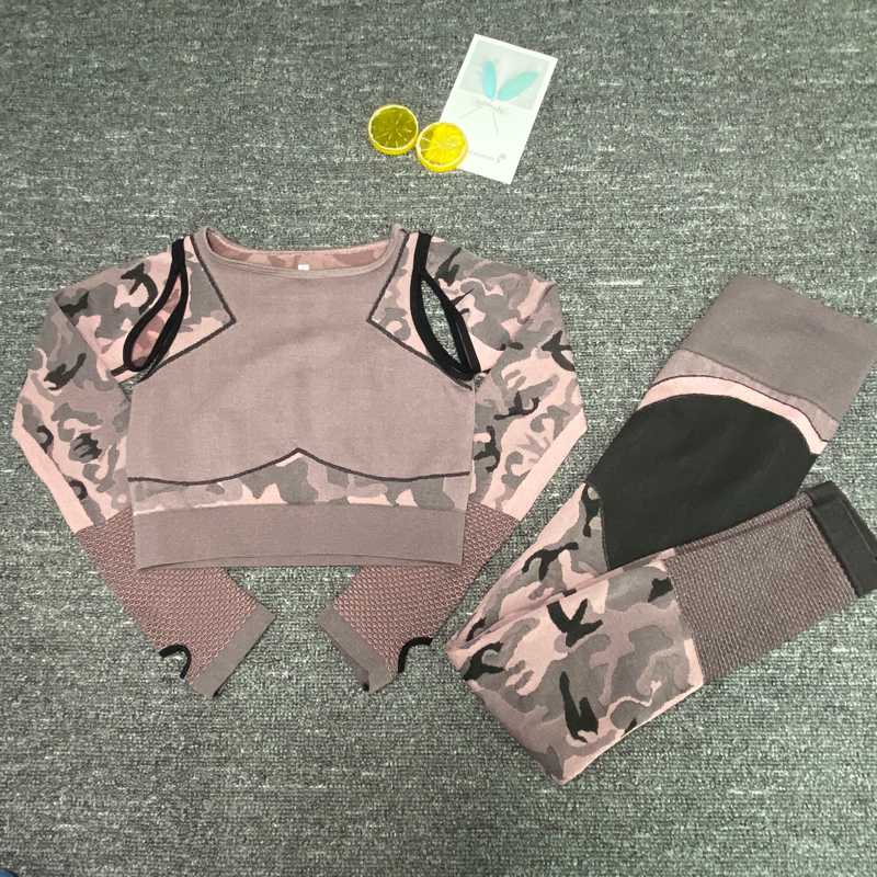 

Sport Fitness Seamless Yoga Set Suit Camouflage Workout Clothes Gym for Women Leggings Breathable Long-sleeved Yoga suit, Blue pants 1 pcs