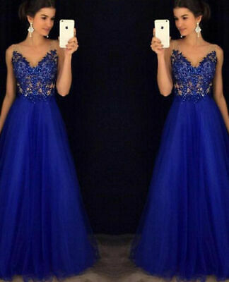 

Formal Evening Prom Mesh V Neck Ball Gown Dress Womens Ladies Sleeveless Brief Dresses Clothing Lace Sexy V-Neck Sundress, Blue