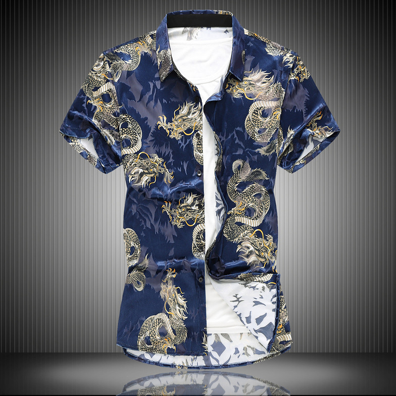 

High-grade Flannel Hollow Chinese Dragon Men Tide Fashion Printed Slim Shirts Hawaiian Vacation Party Casual Shirt Homme 6XL, C101 black