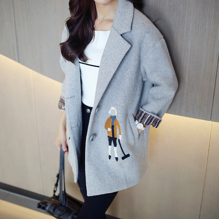 

2020 New Autumn Women Coats Fashion Female Woolen Jackets Slim Embroidery outwear Winter Grey Coats Cashmere Coat Femme, Gray