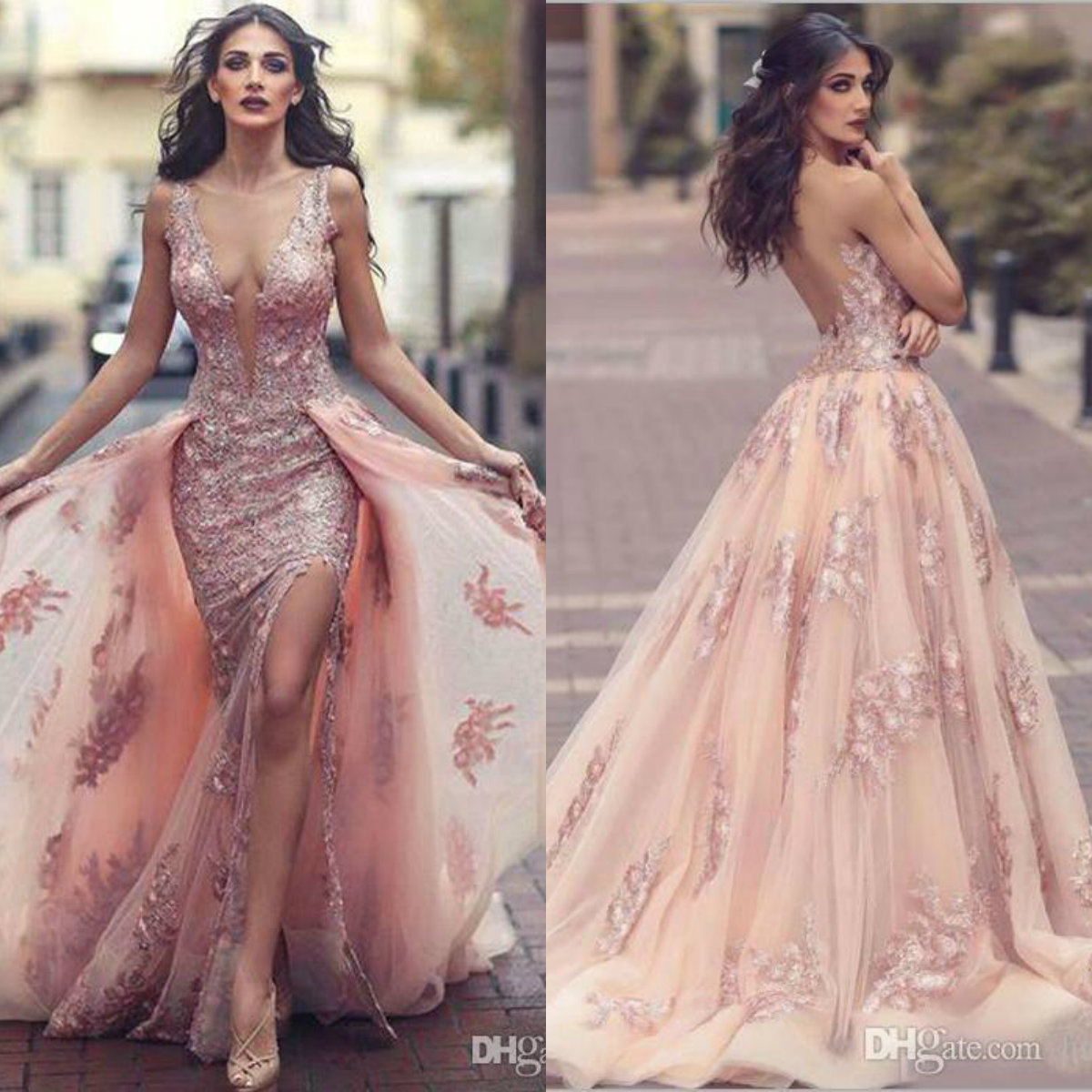 

Luxury Custom Made Evening Dresses Shining Sequins Tulle Side Split Lace Applique Prom Gowns Mermaid Evening Dress With Overskirt, Lavender