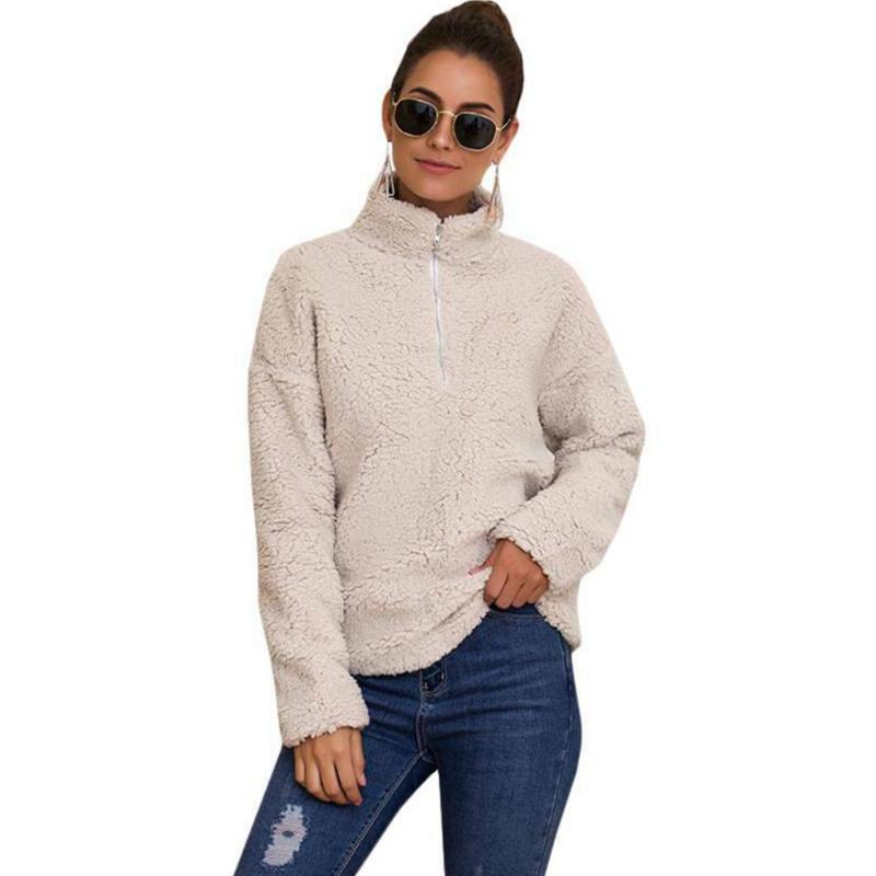 

Jumper Zipper Warm Winter Teddy Fleece Sweater Women Sweatshirt Outwear Pullover Long Sleeve Stand Collar Casual Ladies Solid, Black