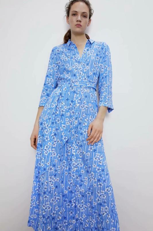 

2020 New Spring Summer New Style European Flower Floral Printed female Dress zaraing vadiming sheining Women' Blue Print dress, As pic