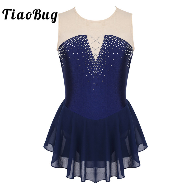 

Stage Wear TiaoBug Kids Teens Dancewear Shiny Rhinestone Mesh Figure Skating Dress Girl Ballet Gymnastics Leotard Competition Dance Costume, Black
