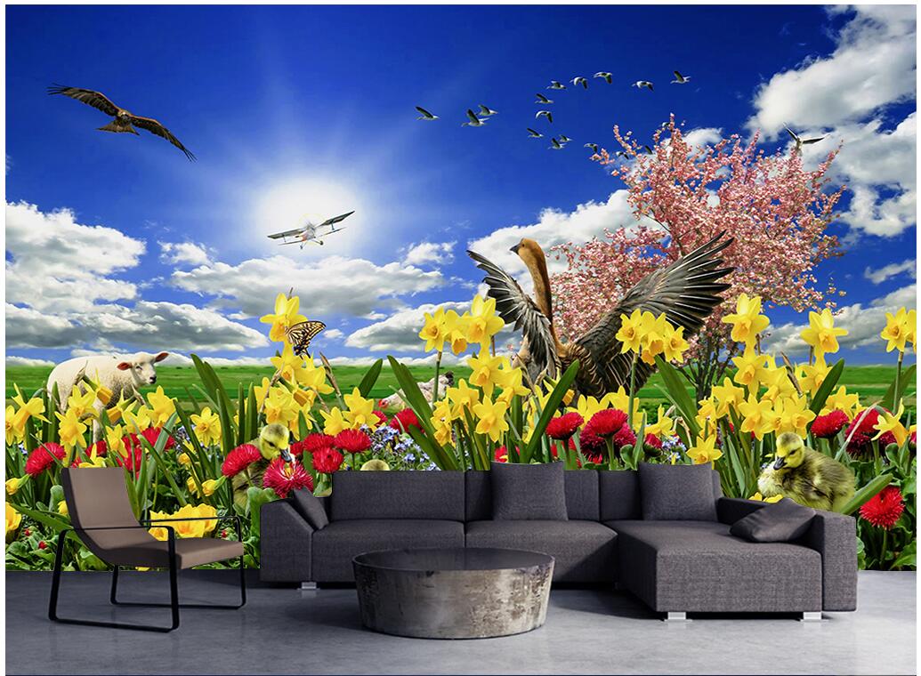 

WDBH 3d room wallpaper custom photo Blue sky white clouds, grassland flowers and birds natural scenery home decor wallpaper for walls 3 d, Non-woven wallpaper