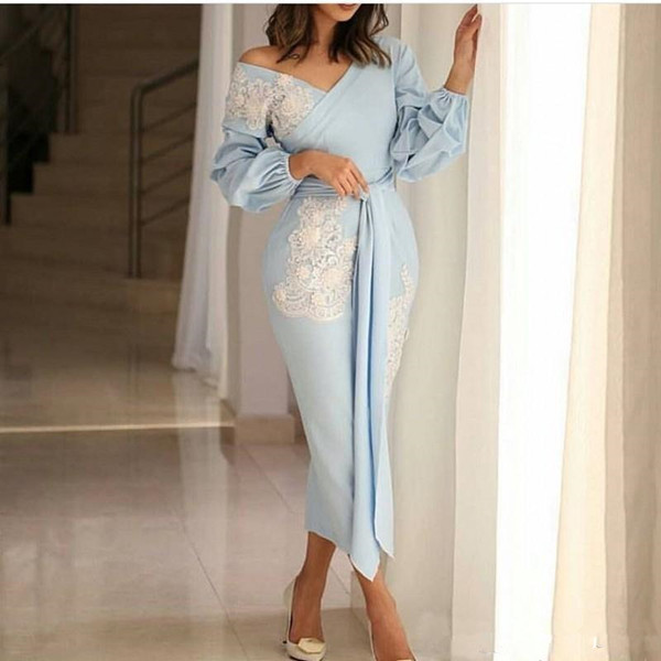 Tea Length Mother Of The Bride Dresses Light Sky Blue Off The Shoulder Evening Dresses With Long Sleeves Appliques Party Gowns Prom Dresses