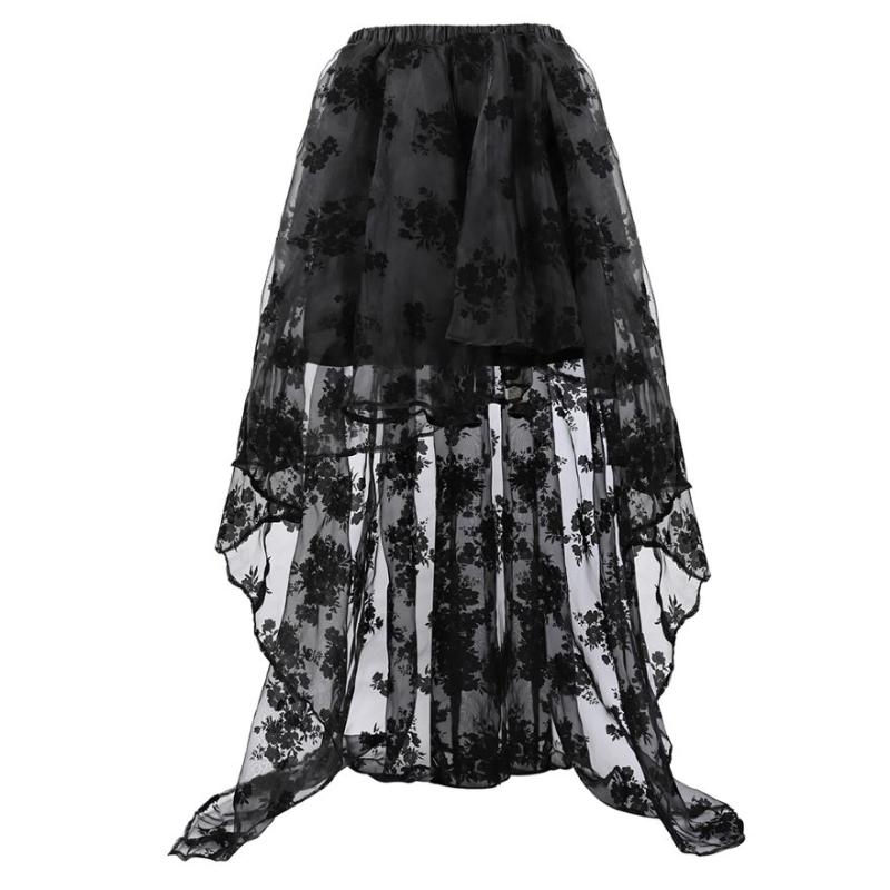 

Women Vintage Sexy High Low tulle Skirt Irregular Asymmetrical Floral Corset Long Skirt Sexy Wedding Party Skirts Fashion Black