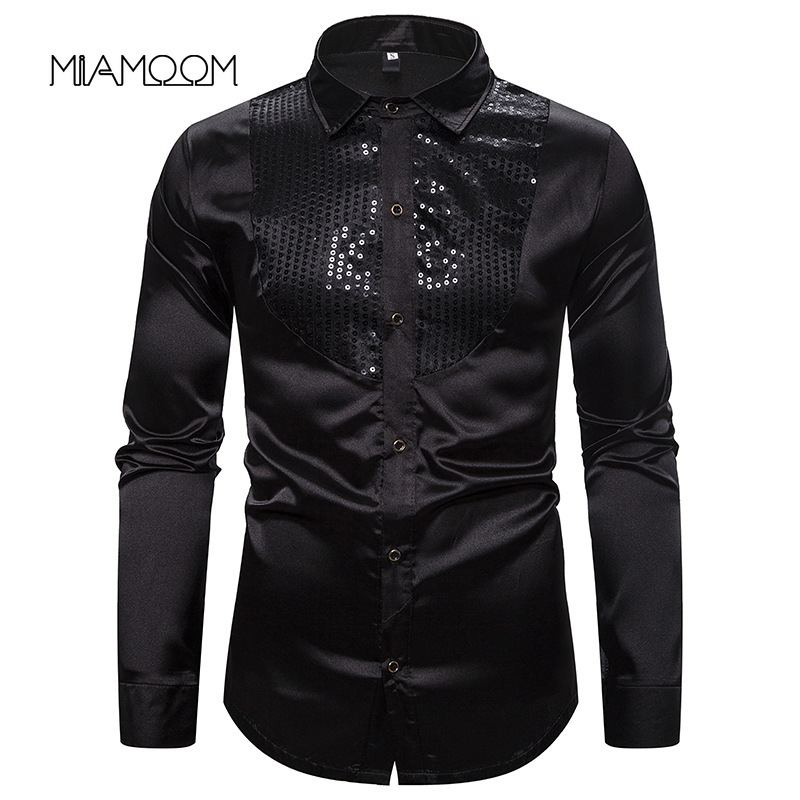 

MIAMOOM Men' Shirt Casual Sequined Show Nightclub Men' Long Sleeve Shirt, Black