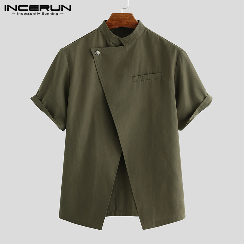 

INCERUN Vintage Men Casual Shirt 2020 Short Sleeve Solid Camisas Hombre One Button Split Shirts Chic Stand Collar Irregular Tops, Black