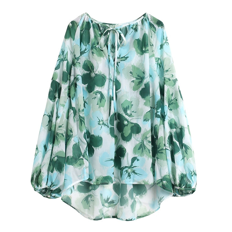 

PERHAPS U women light green blouse v-neck floral print lantern long sleeve shirt top summer vocation B0821