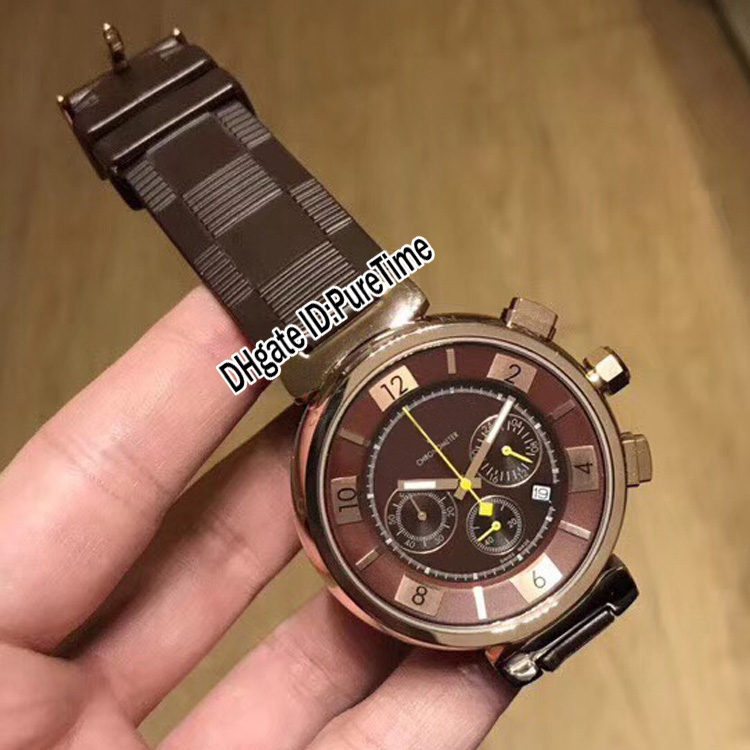 

New Q114F0 Rose Gold Brown Dial Japan Quartz Chronograph Mens Watch Brown Rubber Strap Gents Watches Stopwatch Puretime F04b2, Original box