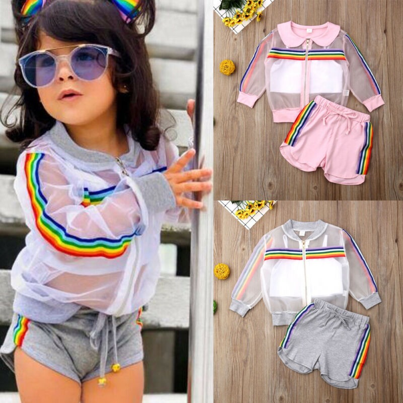 

2020 Toddler Kid Baby Girl Rainbow Mesh Coat+Vest+Short Pant 3pcs Cover-up Outfit Clothes Summer, Gray
