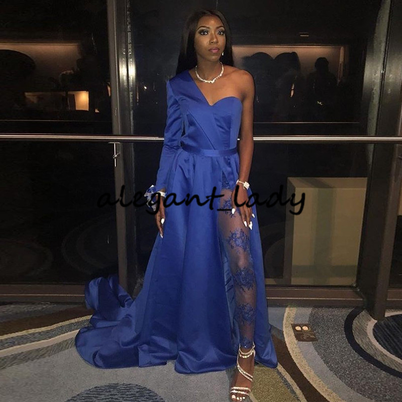 

Royal Blue Prom Dress Jumpsuit with Overskirt Train 2020 One-shoulder Sweetheart Lace Stain Evening Gowns Illusion Trousers, Gold