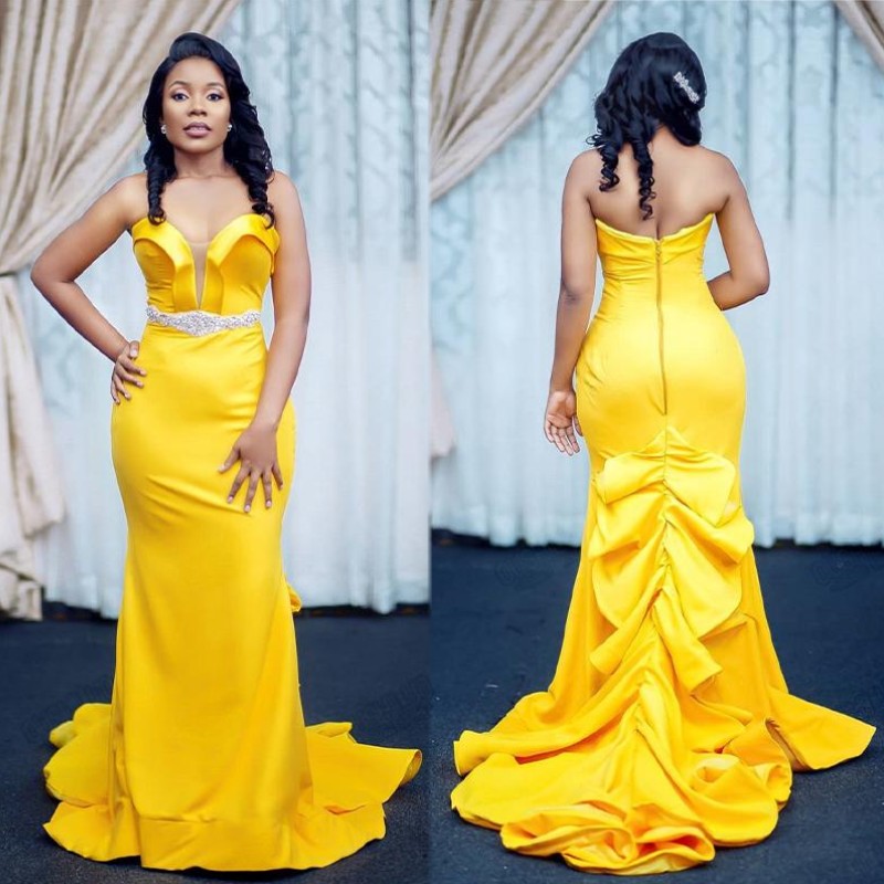 Elegant Yellow Mermaid Prom Dresses Long 2020 Tiered Ruffles Sleeveless Sexy Evening Dresses Formal Party Wear