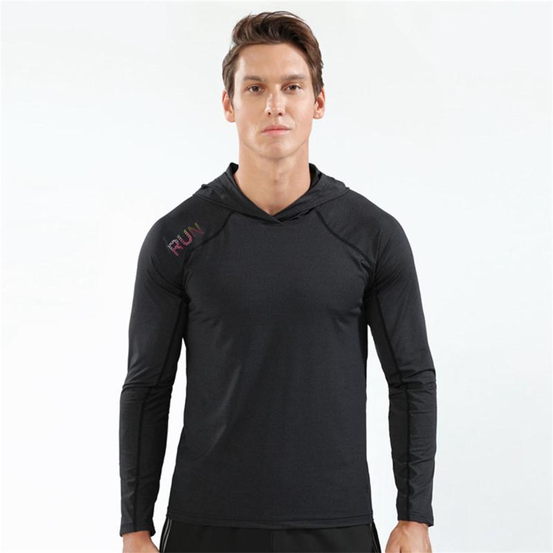 

Men Running Jacket Long Sleeve Sport Hooded Elastic Fitness Top Sportswear Gym Bodybuilding Jogging Training T-shirt Rashguard, Black