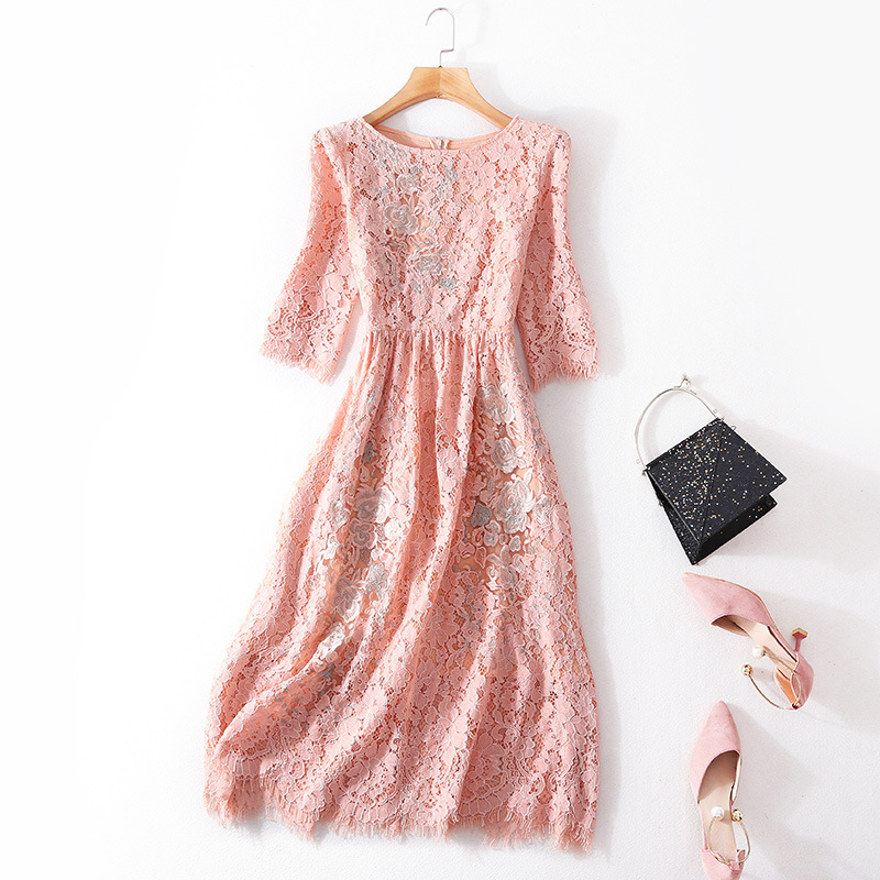 

New Lace embroidered slim dress round neck middle sleeve long summer new style women  big dress, Pink