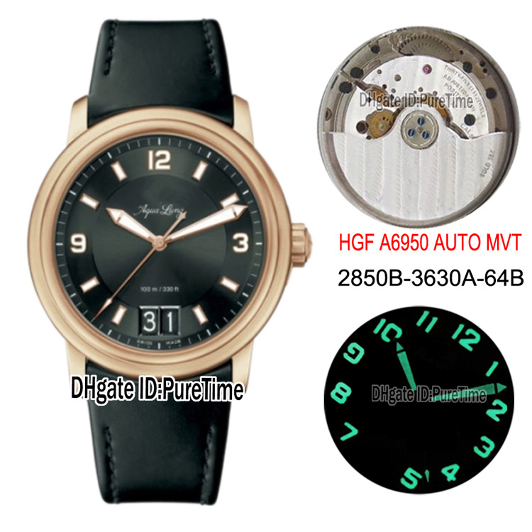 

New HGF Leman Aqua Lung 2850B-3630A-64B Big Date Cal A6950 Automatic Mens Watch Rose Gold Black Dial Leather Best Edition Putin Puretime 03