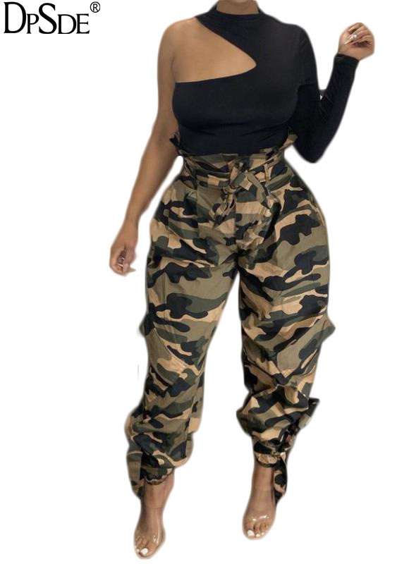 

2020 spring women street fashion casual style long pants high wasit camouflage sashes decoration long pants