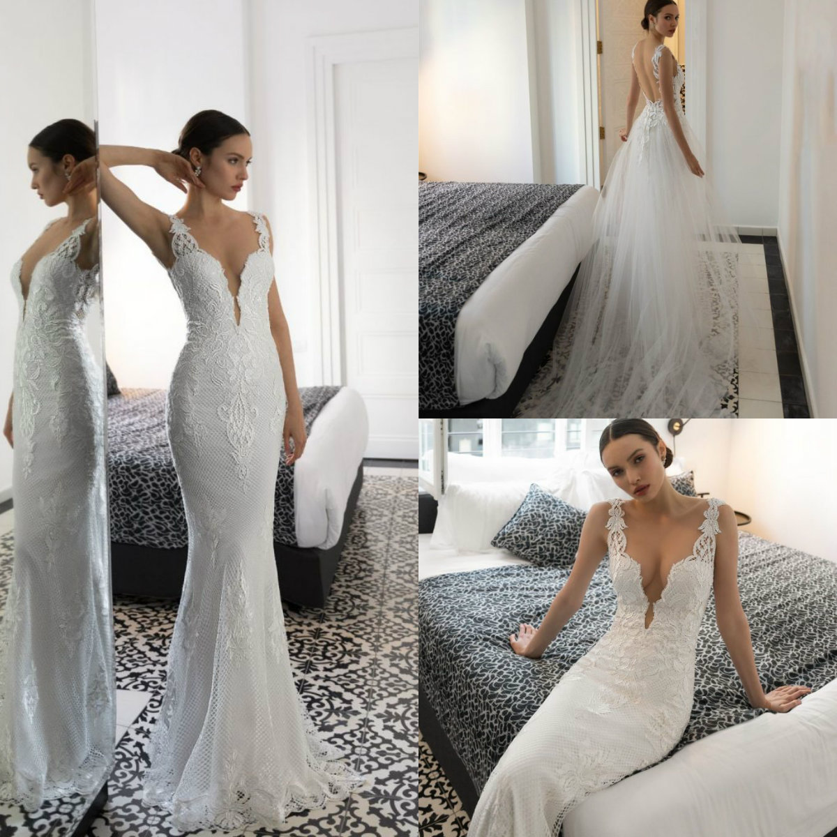 

2020 Julie Vino Mermaid Wedding Dresses With Overskirt V Neck Sweep Train Lace Bohemian Wedding Dress Appliqued Sexy Backless Bridal Gowns, Champagne