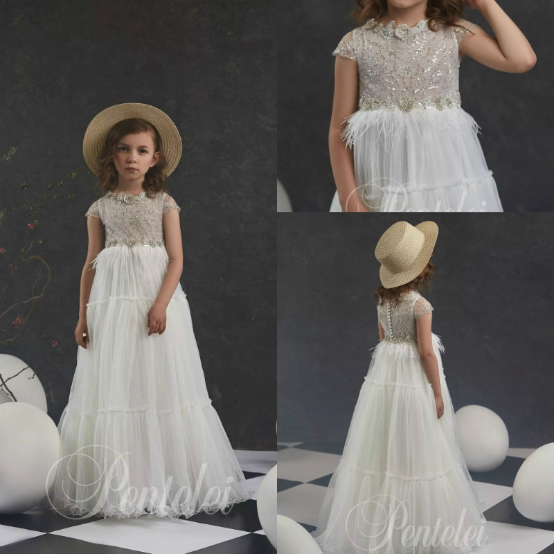 

Dreamly A Line Flower Girl Dresses Jewel Short Sleeve Lace Applique Sequins Feather Pageant Dress Floor Length Girl's Birthday Part, Yellow