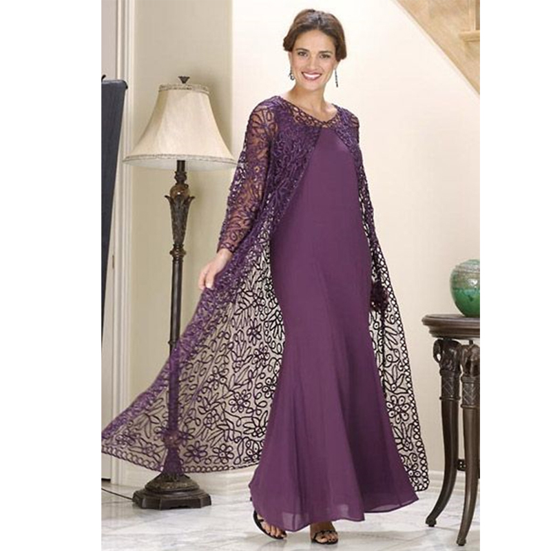 

Custom Made Purple Mermaid Mother of the Bride Dresses with Lace Jacket Long Sleeve Ankle Length Formal Gown Chiffon Evening Wear