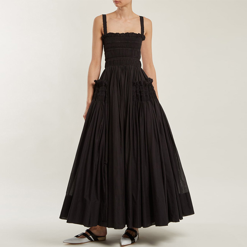 

Women Vintage Ball Gown Dress Cotton Strap High Waist Tunic Pleated Maxi Dress, Black dress