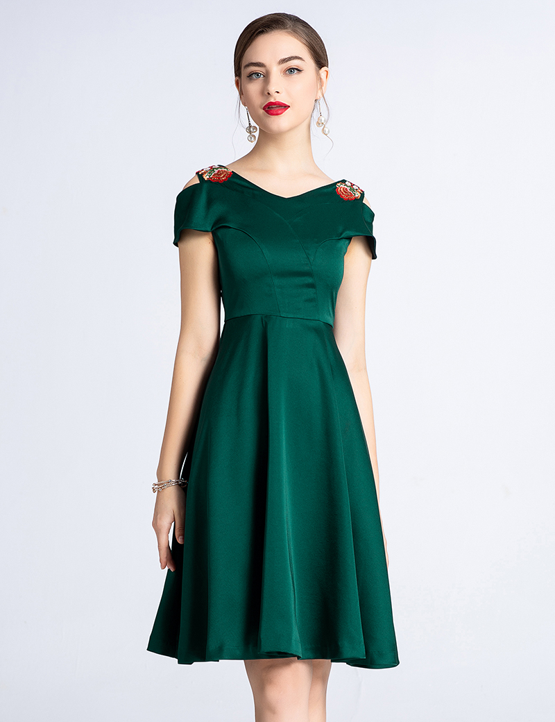 

Luxury Women A-Line Dress Embroidery Sequins Short Sleeve Sexy Off The Shoulder Dresses 05HX927, Yellow