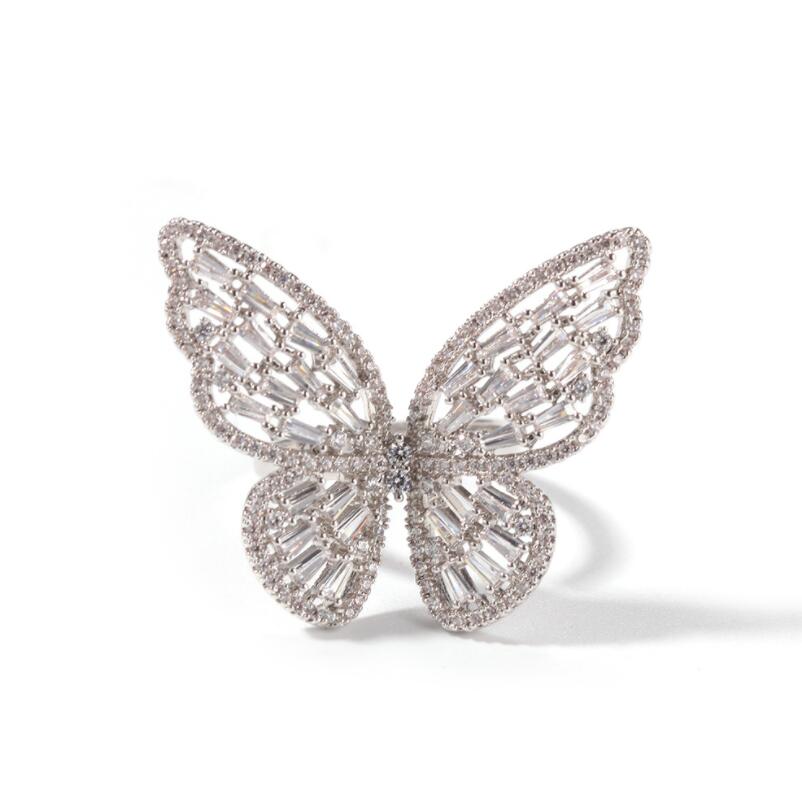 

European and American hollow out micro zircon inlaid rose gold butterfly ring female fashion exaggeration color preserving electroplating ad