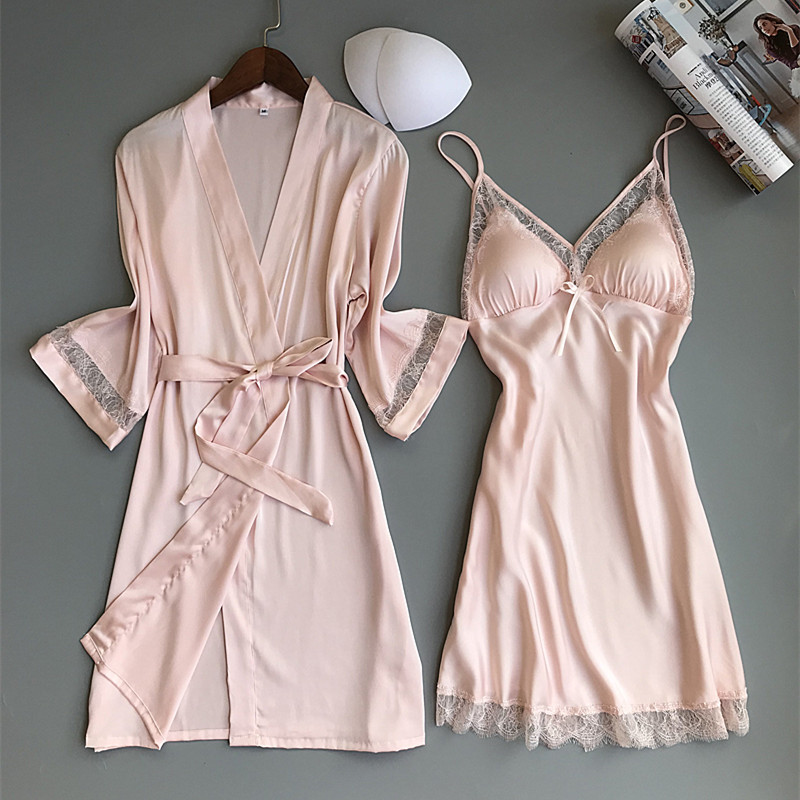 

New Women's Satin Silk Woman Lace Robe Female Lace Bathrobe Womens Robes Sleepwear Ladies Sexy Robe For Women Pijama Mujer Femme, 002