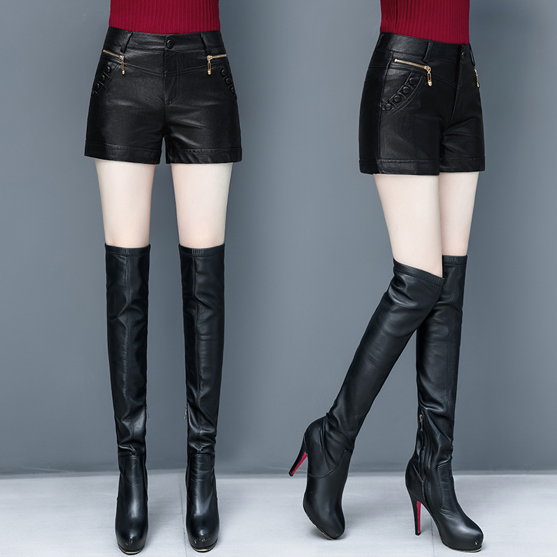 

2020 Spring and summner ladies Casual PU Leather shorts A-line Leather shorts, Black