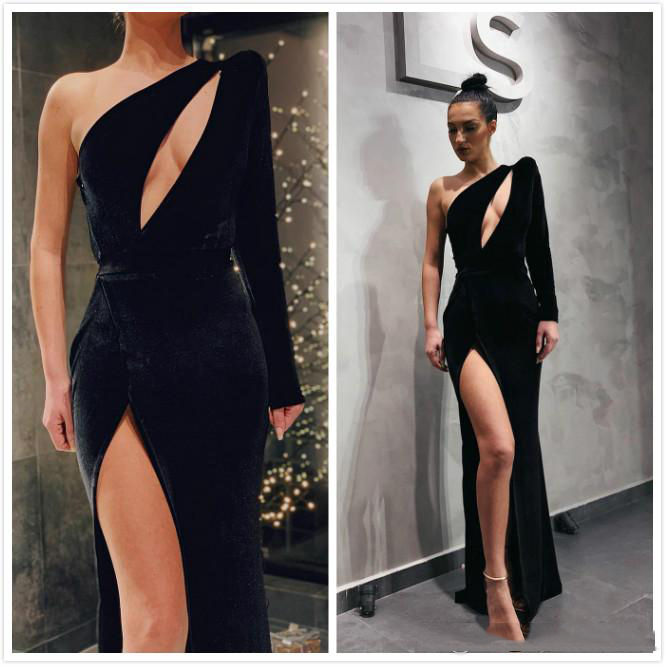 Sexy Black Art Deco-inspired Neck Mermaid Evening dresses With One Shoulder Side High Split Floor Length Long Sleeves Cheap Long Prom Dresse