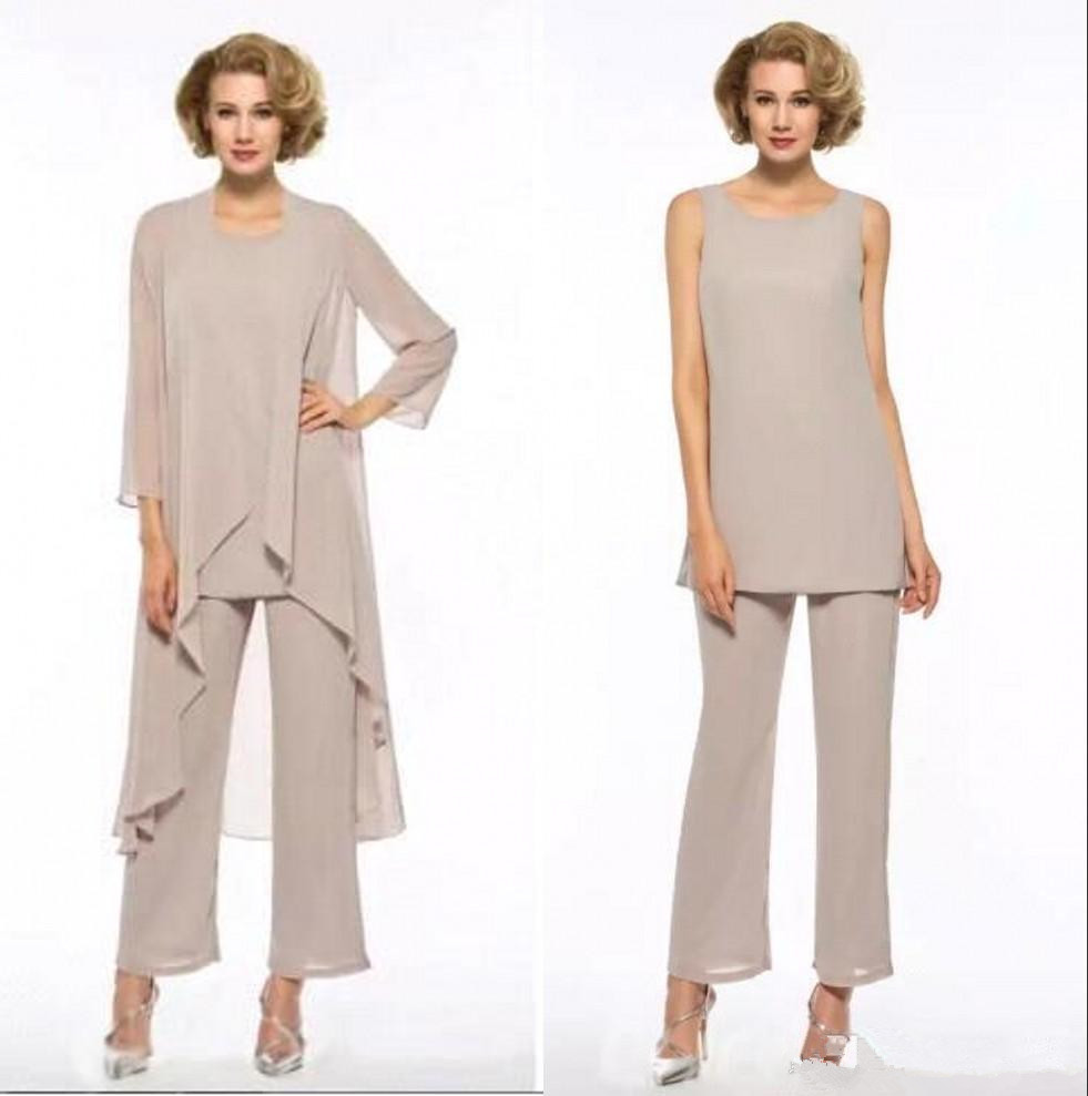 

2019 Three-Pieces Mother Of Bride Pant Suits Chiffon Wedding Mother's Groom Dress Cheap Mothers Formal Gown