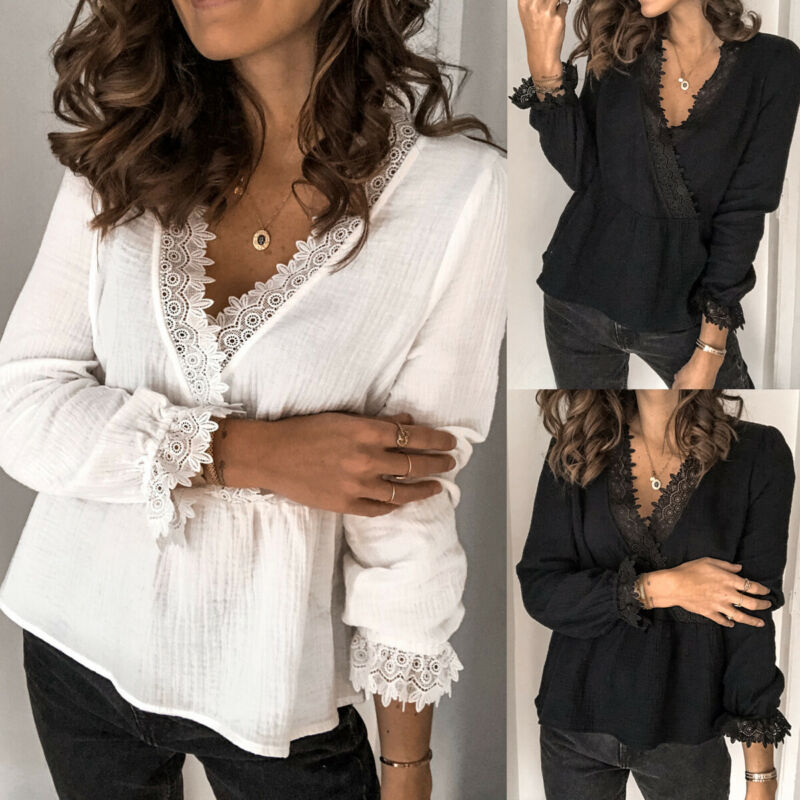 

2020 Women Long Sleeve V-neck cross Shirt Office Lady Floral Lace Splice Solid Casual Blouse Crochet Street Beach Boho Blouses, Black