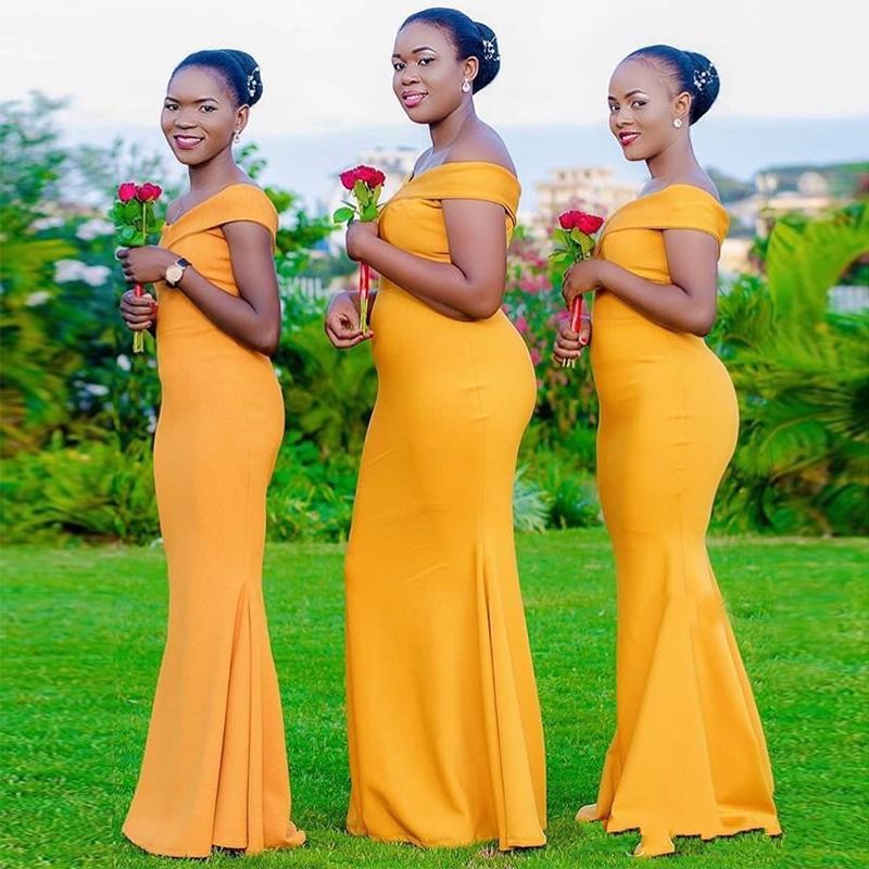 

2020 Off Shoulder Yellow Mermaid Bridesmaid Dress Elastic Satin Wedding Guest Dresses Simple Maid of Honor Gowns Robe De Soiree Custom
