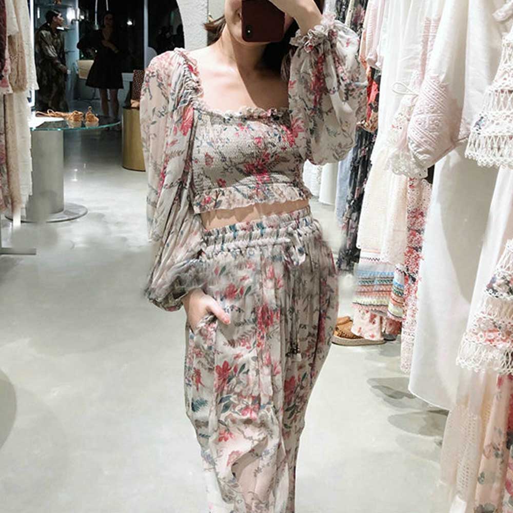 

2019 summer Beach Sexy Off Shoulder elastic chiffon Blouse Long Pants 2 pieces Sets Women Female Casual Holiday Outfits VKSU1033, Multi