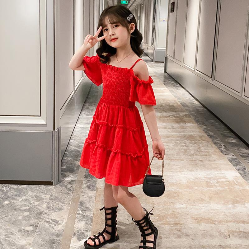 

Girls Dresses Fashion Kids Butterfly Ruffler Off Shoulder Strap Ruched Solid Cake Dress Children Short Sleeve Princess Dresses, Black