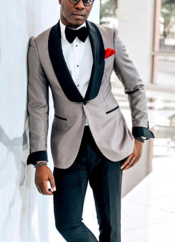 

2 Piece Wedding Tuxedos for Mens Blazer Suits Formal Custom Made Black Shawl Lapel One Button Mens Wedding Suit (Jacket+Pants