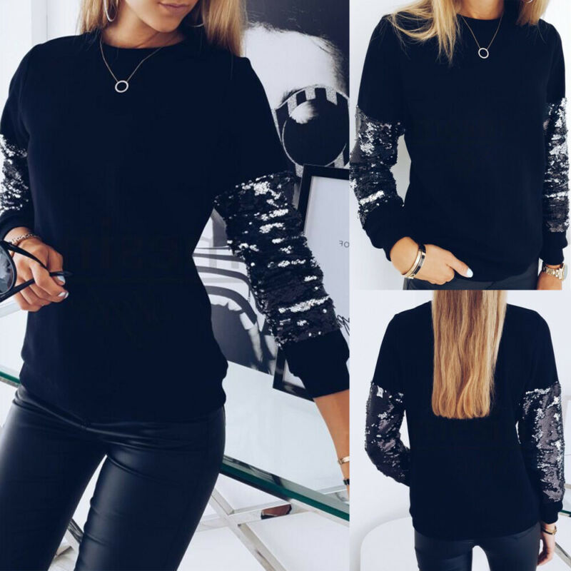 

Women Ladies Autumn Winter Sequins O Neck Tops Loose Long Sleeve T Shirt, As pic