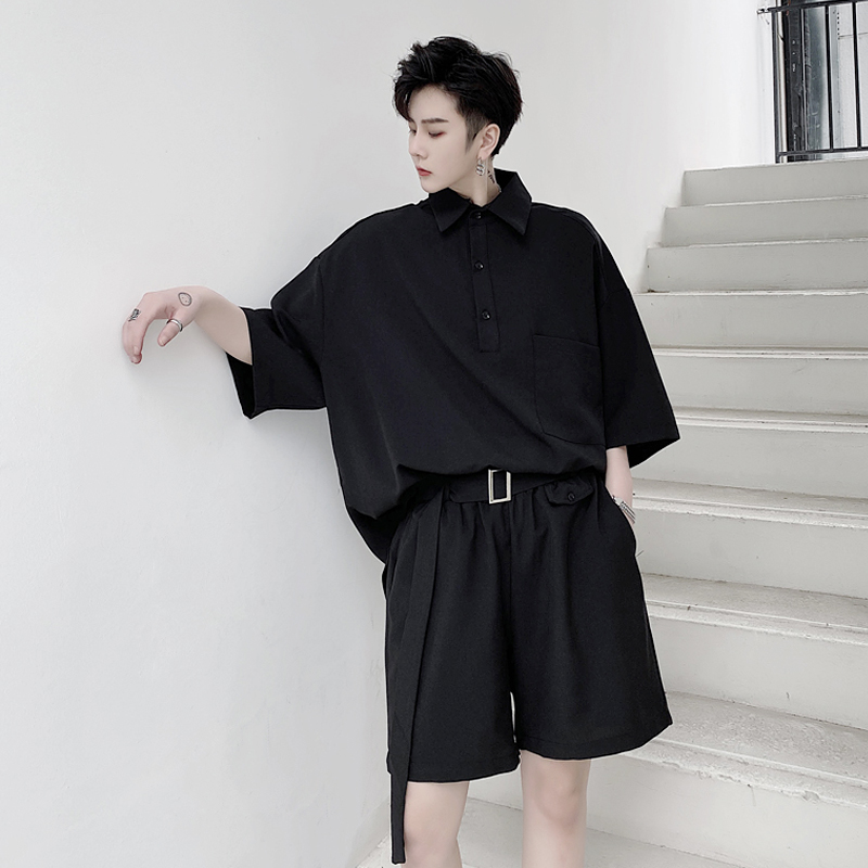 

EWQ / men's wear summer oversize wide turn down collar t-shirt + elastic waist shorts 2020 new male's two-piece set 9Y2291, Black