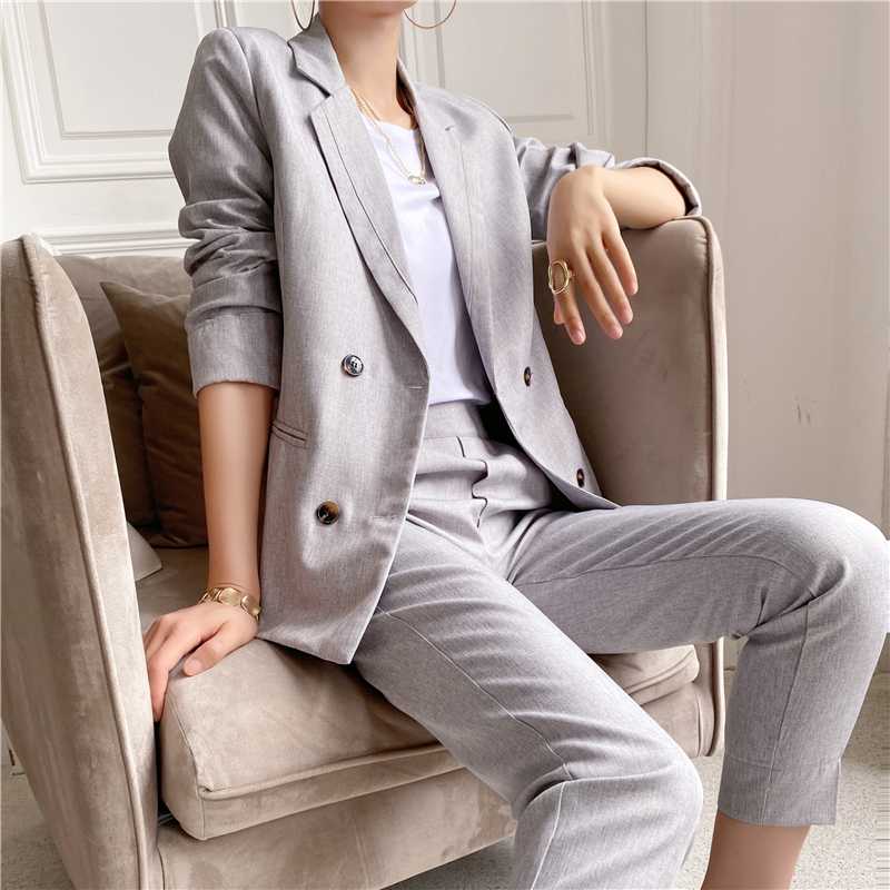 

Women Vintage Women Pant Suit Double Breasted Blazer Jacket & Pants 2020 Office Lady Wear Suits Two-piece Blazers Sets, Gray