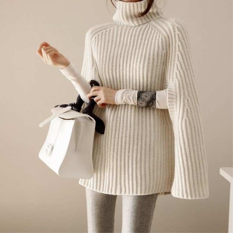 

Knitted turtleneck cloak sweater Women Solid casual pullover Autumn winter streetwear warm black tops office lady 2018, Beige
