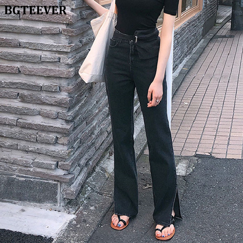 

BGTEEVER Spring New High Waist Jeans for Women Chic Straight Denim Jeans Split Loose Streetwear Female Black Femme 2020