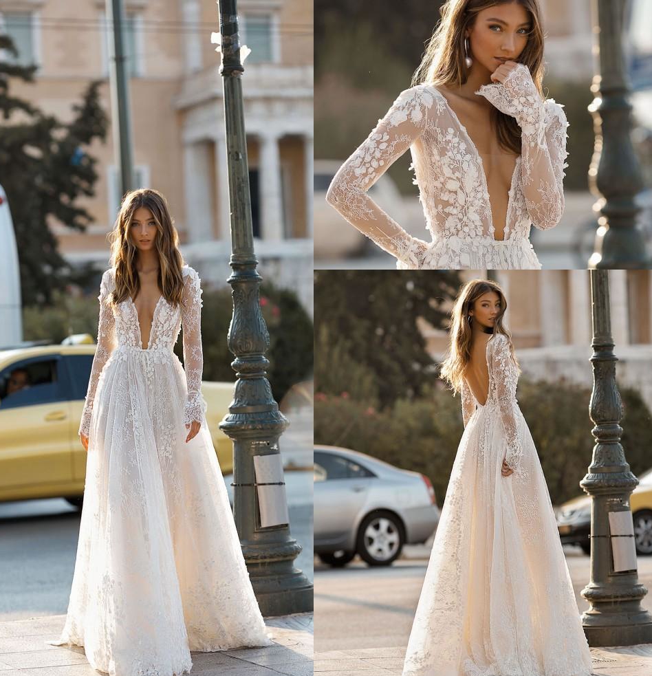 

2020 Berta Gorgeous Sheer Deep V Neck Wedding Dresses Lace 3D Floral Appliques Long Sleeves Backless Beach Bridal Gowns vestido de novia, Silver