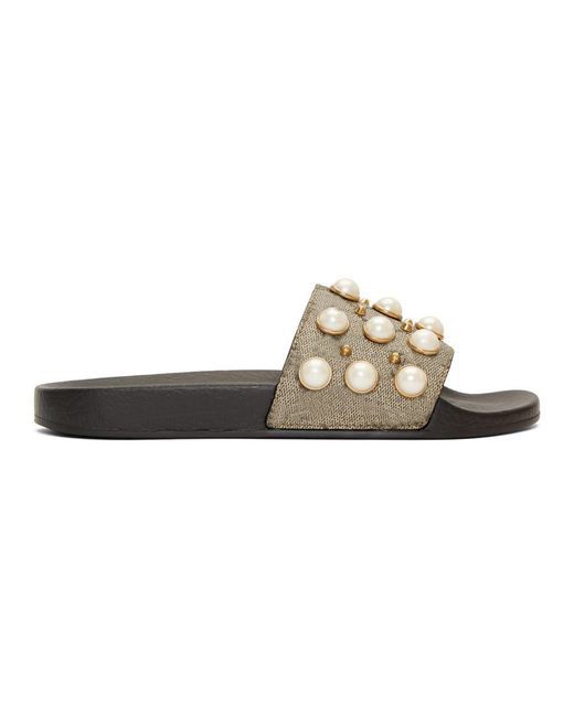 

mens womens fashion pearls and studs embellished Rubber flats slippers causal beach rubber slide sandals with box and dust bags, Beige