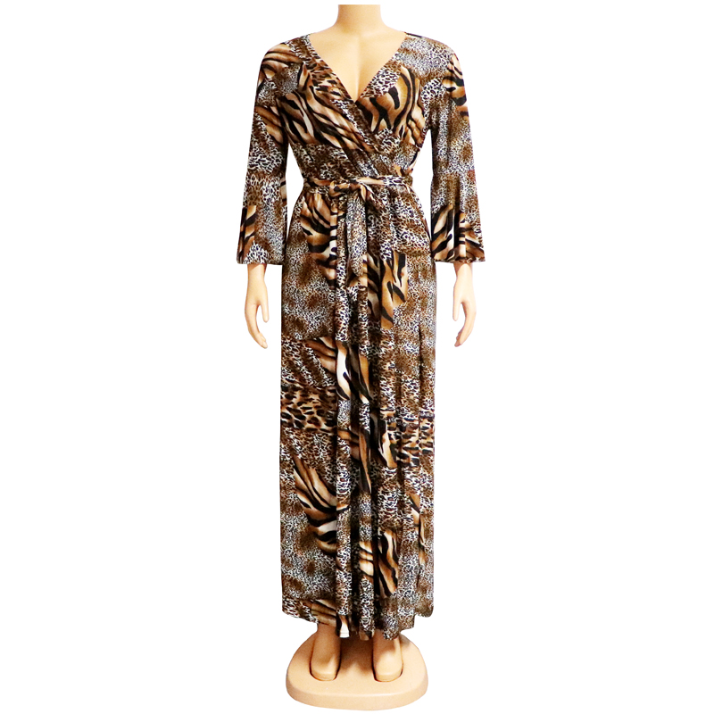 

A-Line Leopard Print Flare Sleeve Casual Women Clothes 2020 New Style Asymmetrical Neck Sashes African Dashiki Dresses